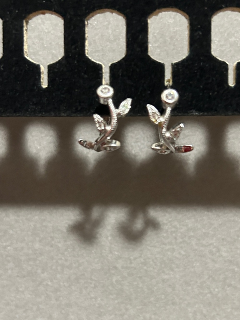 Vintage Silver Tone Floral on Vine Earrings With Rhinestones